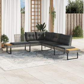 Patio Sofa with Cushions L-shaped Gray Poly Rattan and Acacia