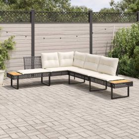 Patio Sofa with Cushions L-shaped Black Poly Rattan and Acacia