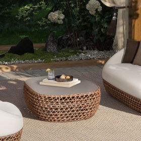 Willow 40.5" Oval Woven Patio Coffee Table, Golden Brown Wicker Frame, Wheat Beige