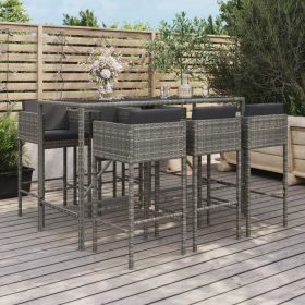 7 Piece Patio Bar Set with Cushions Gray Poly Rattan