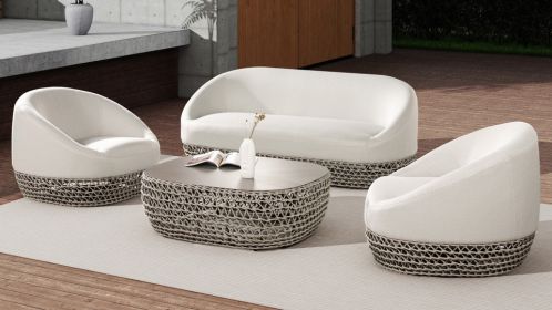 Willow 40.5" Oval Woven Patio Coffee Table, Light Beige Olefin