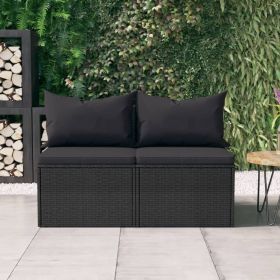 Patio Middle Sofas with Cushions 2 pcs Black Poly Rattan