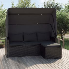 3-Seater Patio Sofa with Roof and Footstool Black Poly Rattan