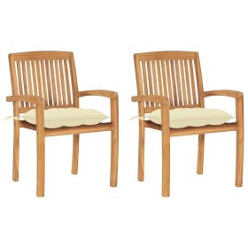 Patio Chairs 2 pcs with Cream White Cushions Solid Teak Wood