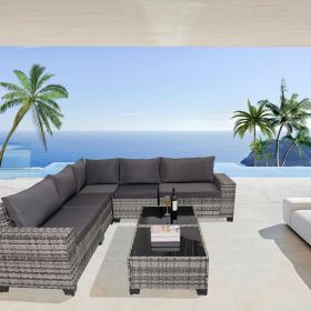 7-Piece Outdoor Patio Furniture Sets, All-Weather Wicker Rattan Sectional Sofa, Modern Two Glass Coffee Table and Washable Seat Cushion (Grey)