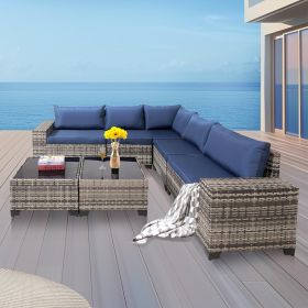 7-Piece Outdoor Patio Furniture Sets, All-Weather Wicker Rattan Sectional Sofa, Modern Two Glass Coffee Table and Washable Seat Cushion(Grey Blue)
