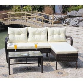 Outdoor patio Furniture sets 3 piece Conversation set wicker Ratten Sectional Sofa With Seat Cushions(Beige Cushion) (Color: Brown)