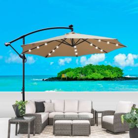 Tan 10 ft Outdoor Patio Umbrella Solar Powered LED Lighted Sun Shade Market Waterproof 8 Ribs Umbrella with Crank and Cross Base for Garden Deck (SKU: W65627949)